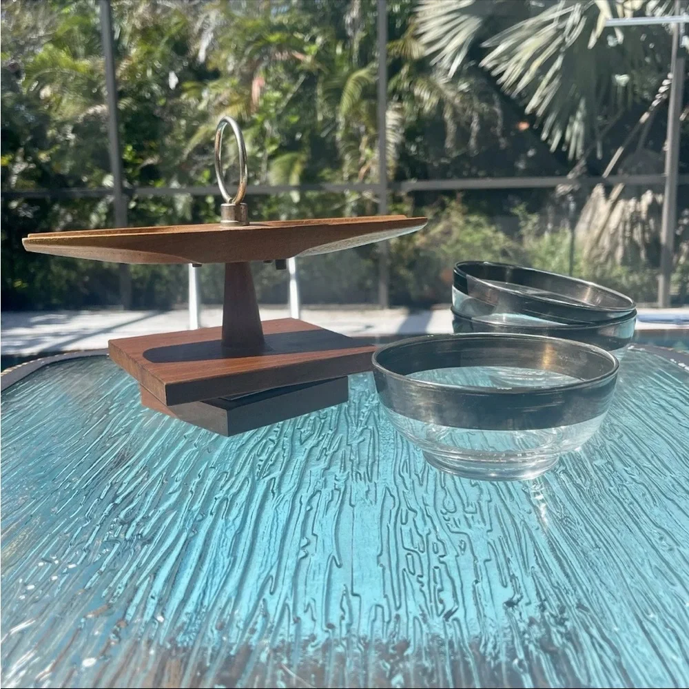 Vernco Gunstock Vintage 70's Walnut Wood Glass Serving Condiment‎ Lazy Susan